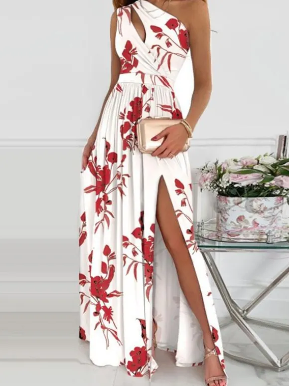 Printed Maxi Dress One-Shoulder Cutout High-Slit Prom Dresses