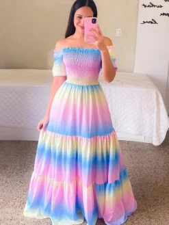 Printed Off Shoulder Smocked Maxi Dress for Women - Short Sleeves Tiered A-Line Sun Dress - Summer Beach Vacation 2026
