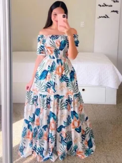 Printed Off Shoulder Smocked Maxi Dress for Women - Short Sleeves Tiered A-Line Sun Dress - Summer Beach Vacation 2026