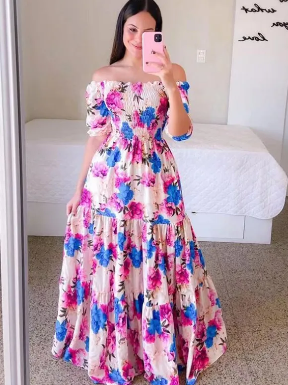 Printed Off Shoulder Smocked Maxi Dress for Women - Short Sleeves Tiered A-Line Sun Dress - Summer Beach Vacation 2026
