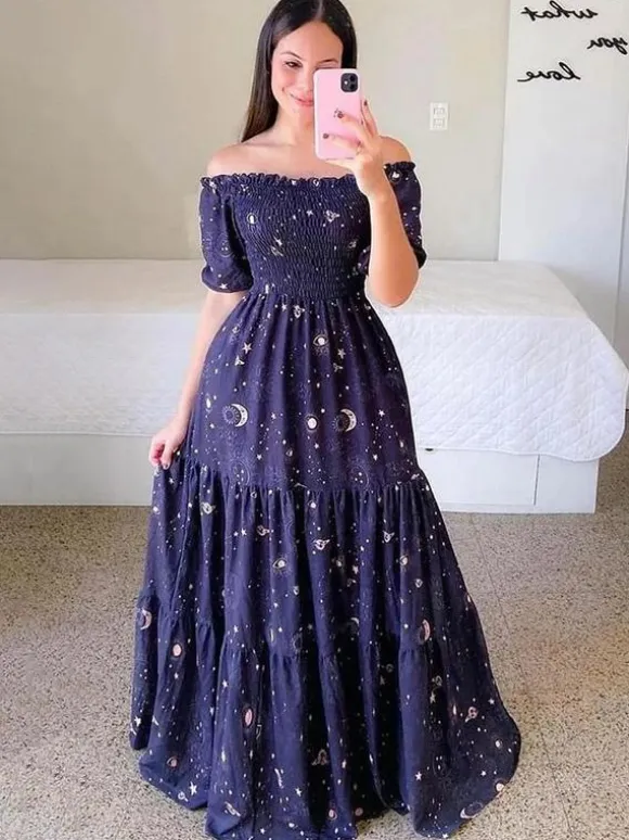 Printed Off Shoulder Smocked Maxi Dress for Women - Short Sleeves Tiered A-Line Sun Dress - Summer Beach Vacation 2026