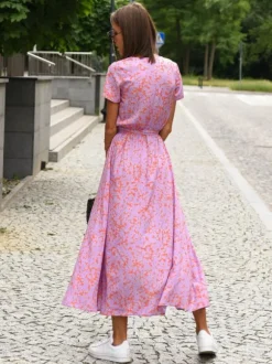Printed Wrap Dress V-Neck Short Sleeves Belted Casual Summer Midi Dresses