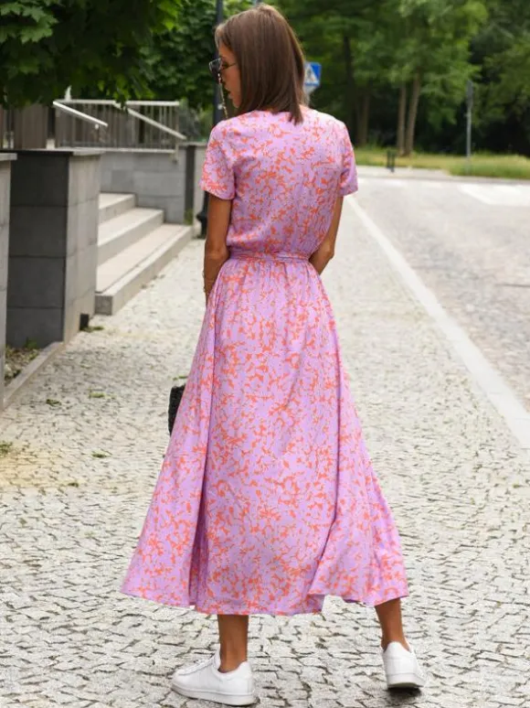 Printed Wrap Dress V-Neck Short Sleeves Belted Casual Summer Midi Dresses