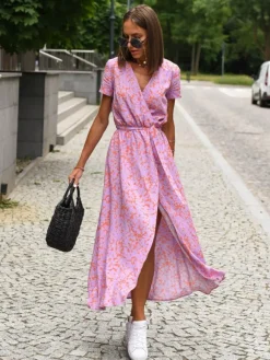 Printed Wrap Dress V-Neck Short Sleeves Belted Casual Summer Midi Dresses
