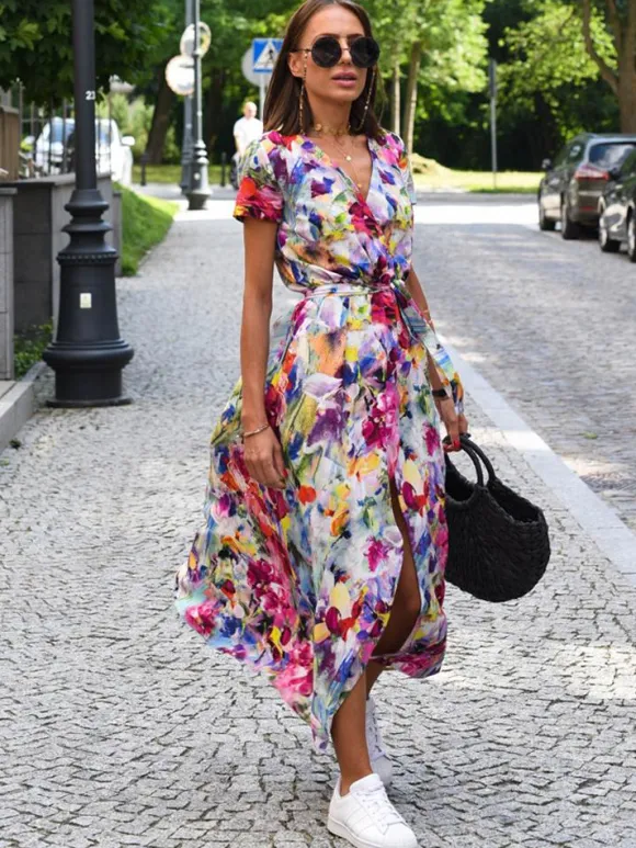 Printed Wrap Dress V-Neck Short Sleeves Belted Casual Summer Midi Dresses