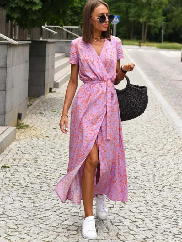 Printed Wrap Dress V-Neck Short Sleeves Belted Casual Summer Midi Dresses