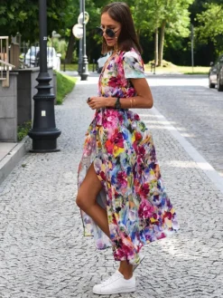 Printed Wrap Dress V-Neck Short Sleeves Belted Casual Summer Midi Dresses