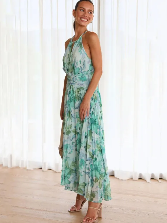 Print Maxi Dresses Floral Sleeveless Halter Elegant Layered Pleated Backless Long Summer Dresses
