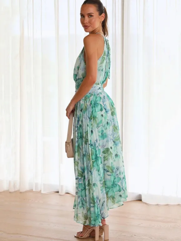 Print Maxi Dresses Floral Sleeveless Halter Elegant Layered Pleated Backless Long Summer Dresses
