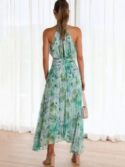 Print Maxi Dresses Floral Sleeveless Halter Elegant Layered Pleated Backless Long Summer Dresses