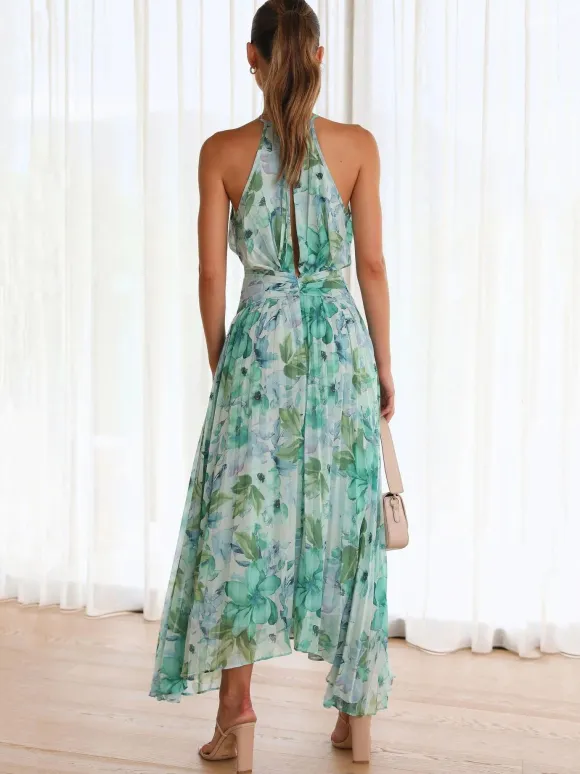 Print Maxi Dresses Floral Sleeveless Halter Elegant Layered Pleated Backless Long Summer Dresses