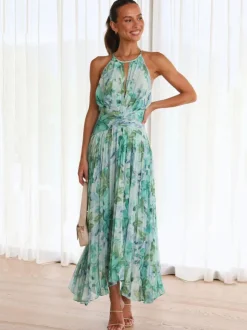 Print Maxi Dresses Floral Sleeveless Halter Elegant Layered Pleated Backless Long Summer Dresses