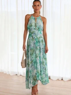 Print Maxi Dresses Floral Sleeveless Halter Elegant Layered Pleated Backless Long Summer Dresses