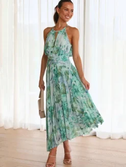 Print Maxi Dresses Floral Sleeveless Halter Elegant Layered Pleated Backless Long Summer Dresses