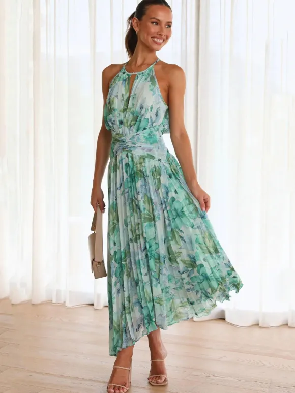 Print Maxi Dresses Floral Sleeveless Halter Elegant Layered Pleated Backless Long Summer Dresses