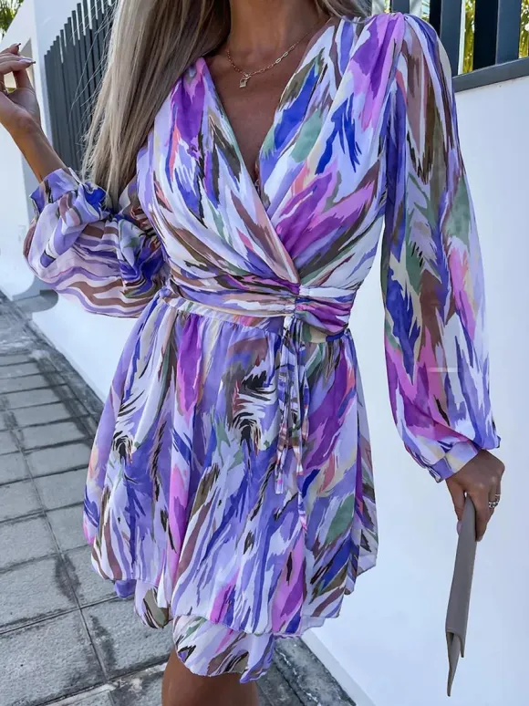Print Short Dress Surplice Neckline Belted Lantern Sleeves Mini Dresses