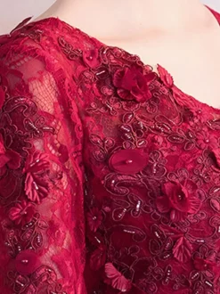 Prom Dress 2026 Burgundy V-Neck A-Line Long Sleeves Beaded Lace-Up Lace Tulle Wedding Guest Dresses