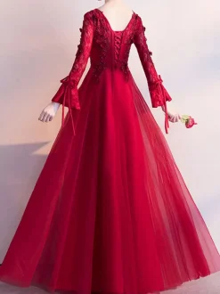 Prom Dress 2026 Burgundy V-Neck A-Line Long Sleeves Beaded Lace-Up Lace Tulle Wedding Guest Dresses
