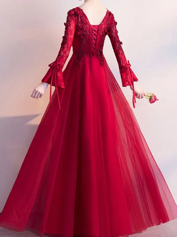 Prom Dress 2026 Burgundy V-Neck A-Line Long Sleeves Beaded Lace-Up Lace Tulle Wedding Guest Dresses