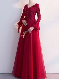 Prom Dress 2026 Burgundy V-Neck A-Line Long Sleeves Beaded Lace-Up Lace Tulle Wedding Guest Dresses