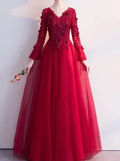 Prom Dress 2026 Burgundy V-Neck A-Line Long Sleeves Beaded Lace-Up Lace Tulle Wedding Guest Dresses