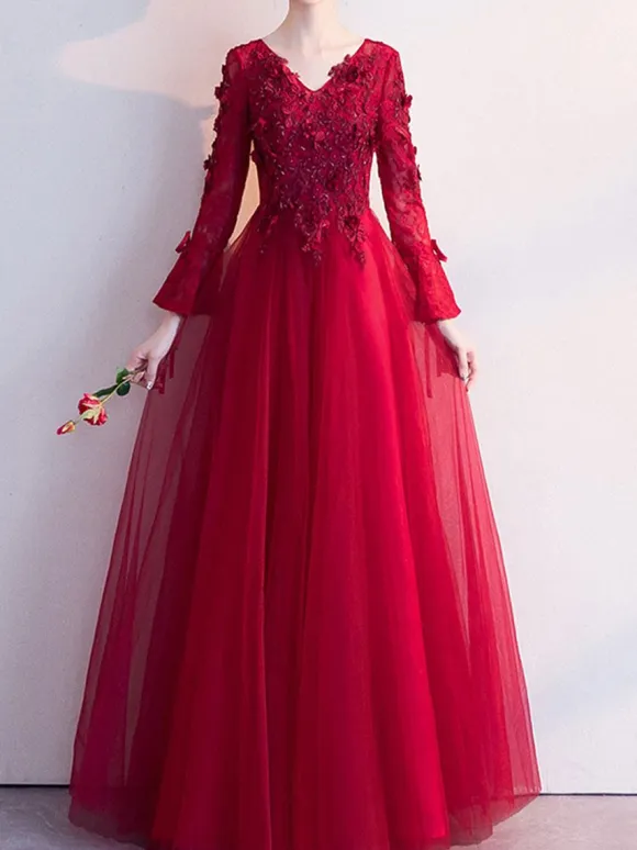 Prom Dress 2026 Burgundy V-Neck A-Line Long Sleeves Beaded Lace-Up Lace Tulle Wedding Guest Dresses