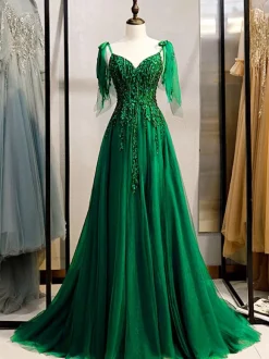 Prom Dress 2026 Deep Green Lace V-Neck A-Line Sleeveless Beaded Lace-Up Party Dresses Wedding Guest Dresses