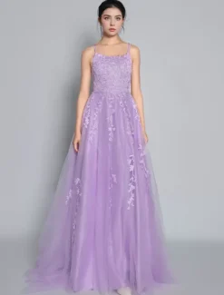 Prom Dress 2026 Lavender A-Line V-Neck Sleeveless Lace-Up Backless Criss-Cross Long Lace Party Dresses Wedding Guest Dresses Free Customization