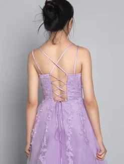 Prom Dress 2026 Lavender A-Line V-Neck Sleeveless Lace-Up Backless Criss-Cross Long Lace Party Dresses Wedding Guest Dresses Free Customization