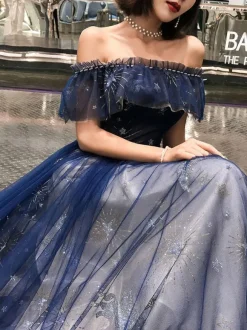 Prom Dress 2026 Navy Blue Short Sleeves A-Line Off The Shoulder Floor Length Lace-Up Ruffles Party Dresses Free Customization