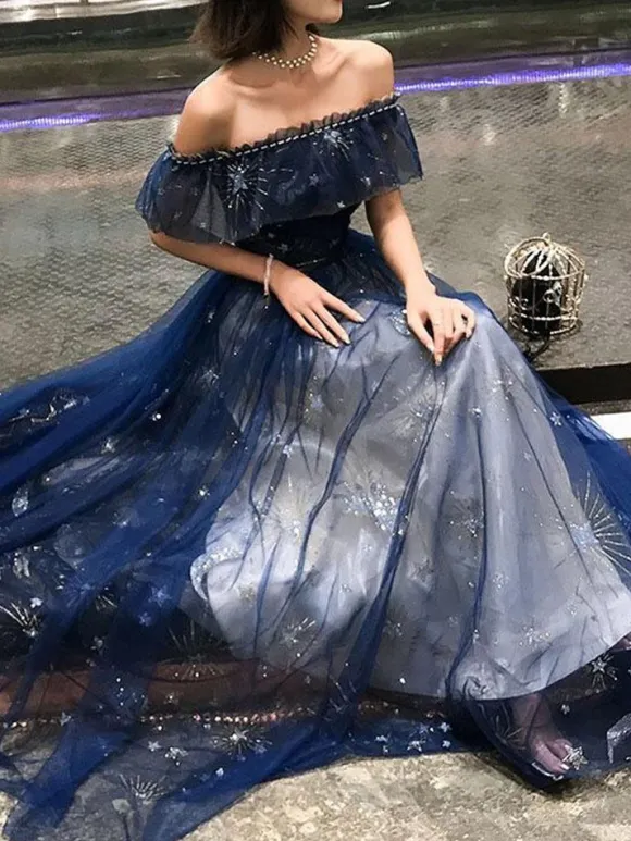 Prom Dress 2026 Navy Blue Short Sleeves A-Line Off The Shoulder Floor Length Lace-Up Ruffles Party Dresses Free Customization