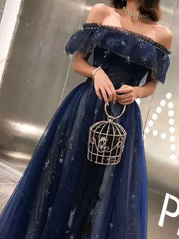 Prom Dress 2026 Navy Blue Short Sleeves A-Line Off The Shoulder Floor Length Lace-Up Ruffles Party Dresses Free Customization