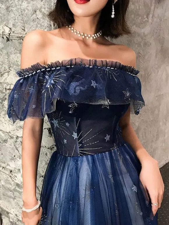 Prom Dress 2026 Navy Blue Short Sleeves A-Line Off The Shoulder Floor Length Lace-Up Ruffles Party Dresses Free Customization