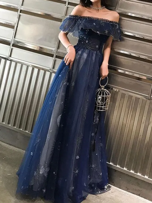 Prom Dress 2026 Navy Blue Short Sleeves A-Line Off The Shoulder Floor Length Lace-Up Ruffles Party Dresses Free Customization