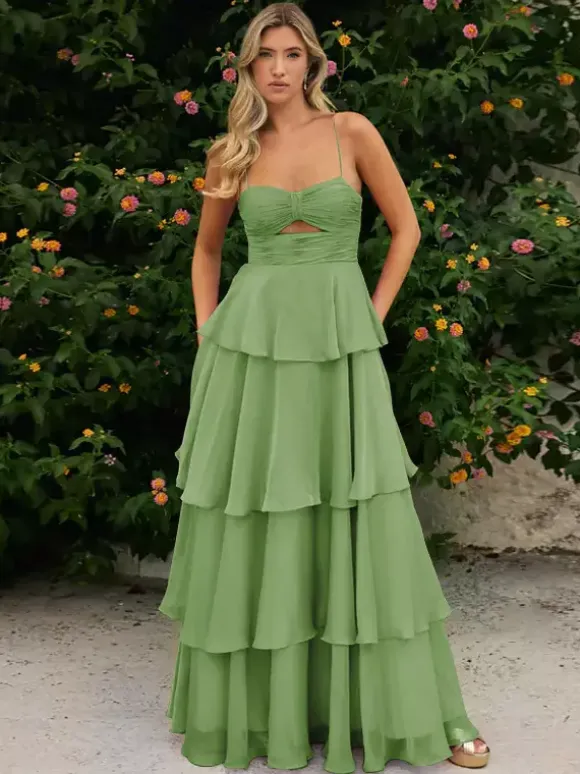 Prom Dress A-Line Designed Neckline Chiffon Sleeveless Tiered Wedding Guest Dresses