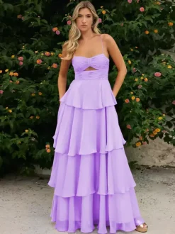 Prom Dress A-Line Designed Neckline Chiffon Sleeveless Tiered Wedding Guest Dresses