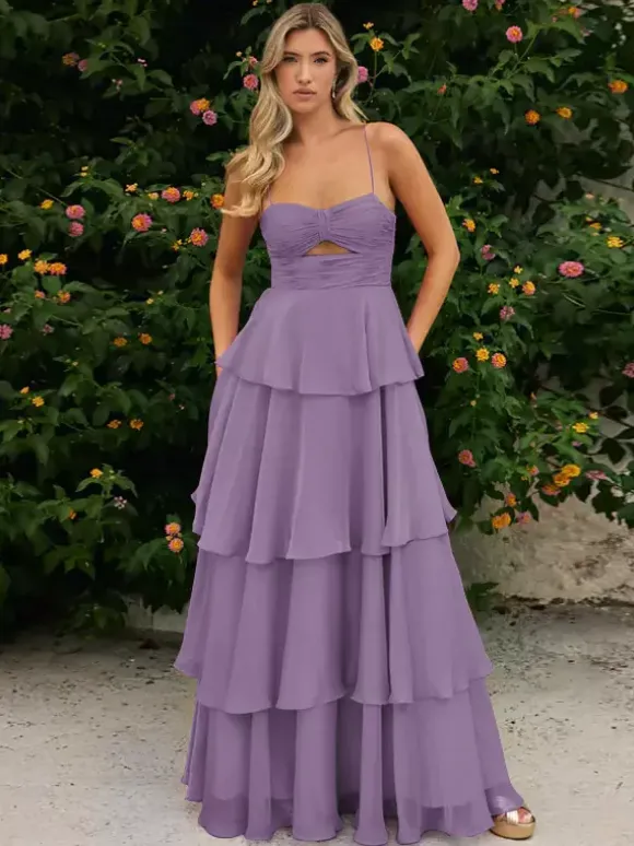 Prom Dress A-Line Designed Neckline Chiffon Sleeveless Tiered Wedding Guest Dresses