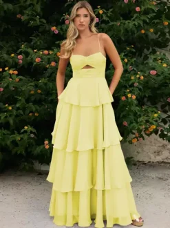 Prom Dress A-Line Designed Neckline Chiffon Sleeveless Tiered Wedding Guest Dresses