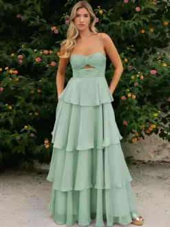 Prom Dress A-Line Designed Neckline Chiffon Sleeveless Tiered Wedding Guest Dresses