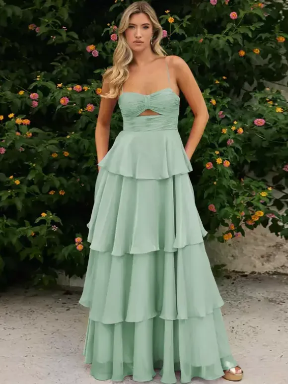 Prom Dress A-Line Designed Neckline Chiffon Sleeveless Tiered Wedding Guest Dresses