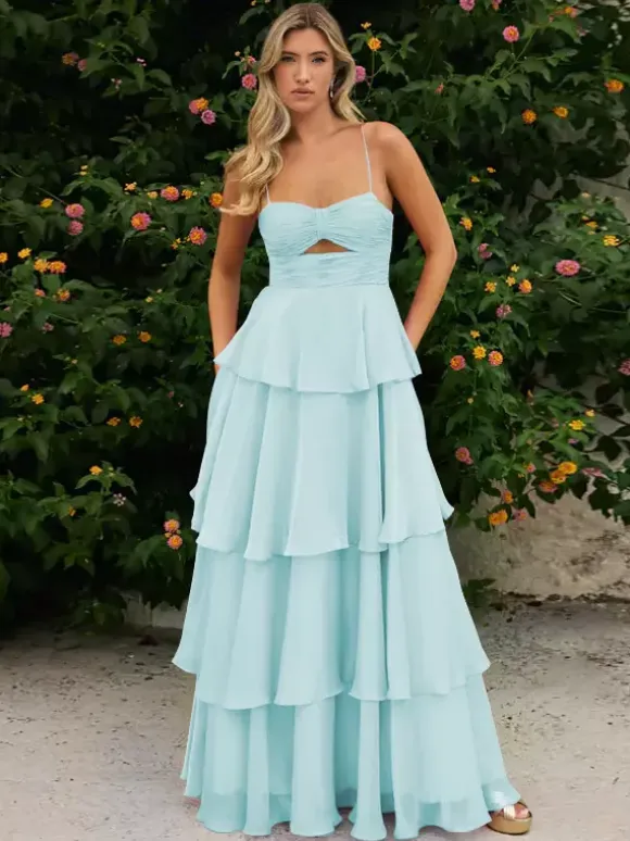Prom Dress A-Line Designed Neckline Chiffon Sleeveless Tiered Wedding Guest Dresses