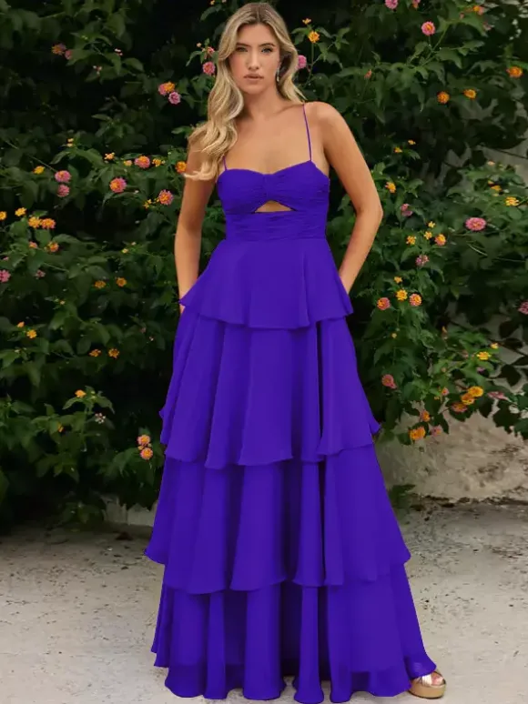 Prom Dress A-Line Designed Neckline Chiffon Sleeveless Tiered Wedding Guest Dresses