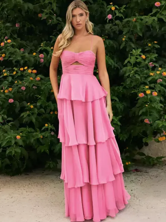 Prom Dress A-Line Designed Neckline Chiffon Sleeveless Tiered Wedding Guest Dresses