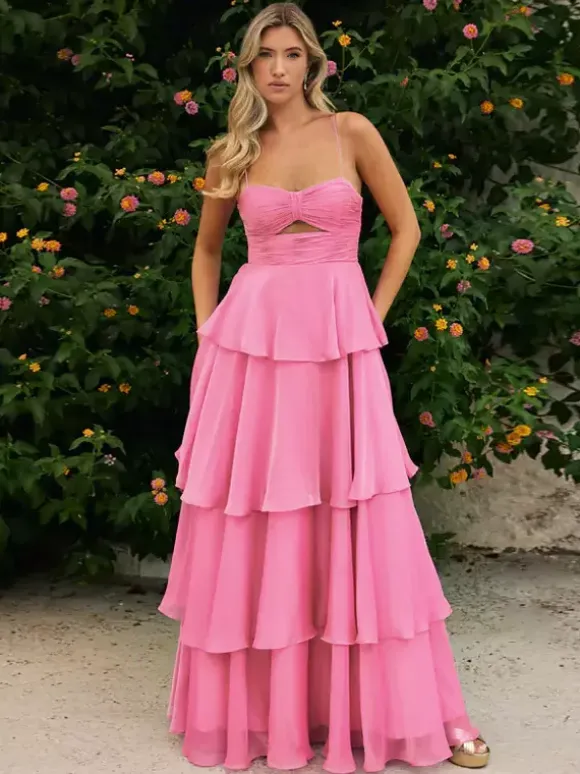 Prom Dress A-Line Designed Neckline Chiffon Sleeveless Tiered Wedding Guest Dresses