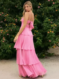 Prom Dress A-Line Designed Neckline Chiffon Sleeveless Tiered Wedding Guest Dresses