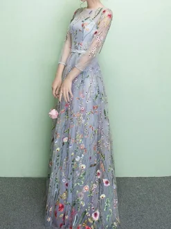 Prom Dress A-Line Jewel Neck Lace Half Sleeves Party Dresses