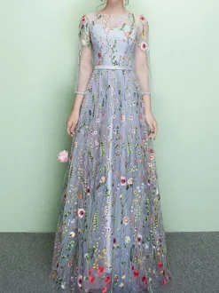 Prom Dress A-Line Jewel Neck Lace Half Sleeves Party Dresses