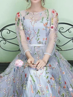 Prom Dress A-Line Jewel Neck Lace Half Sleeves Party Dresses