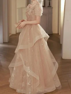 Prom Dress A-Line Square Neck Lace Short Sleeves Party Dresses