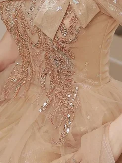 Prom Dress A-Line Square Neck Lace Short Sleeves Party Dresses